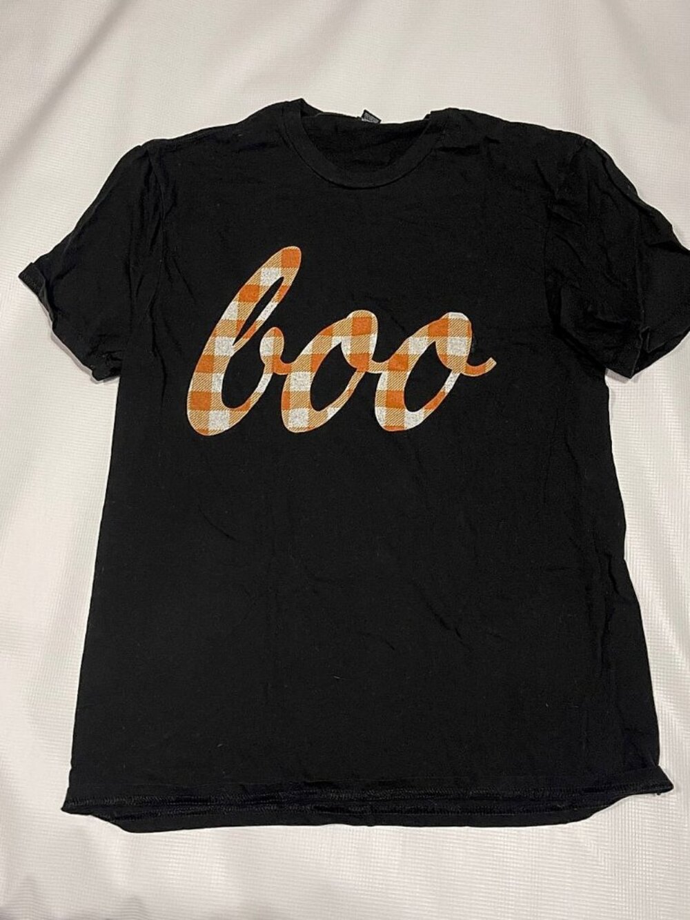 Women's Halloween Boo Graphic T-Shirt, Black with Orange Buffalo Plaid, Size L